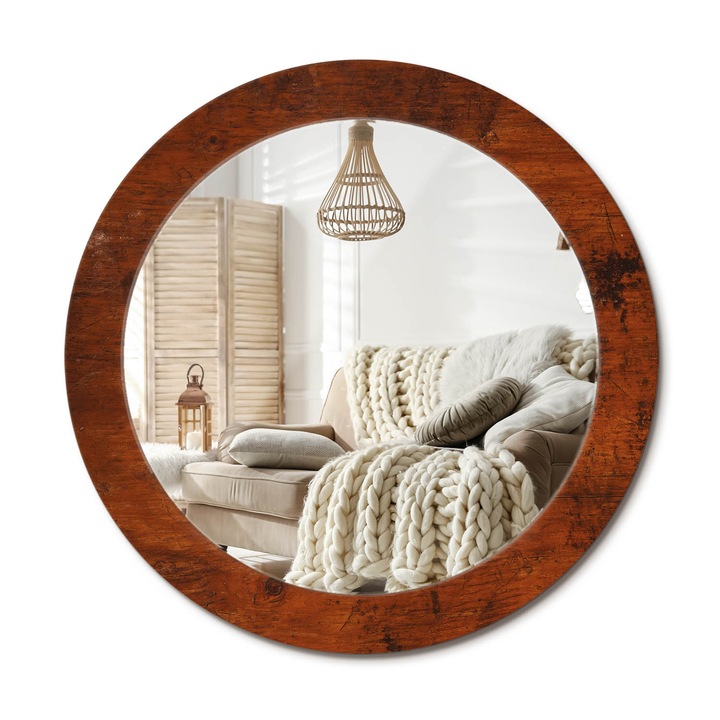 Kerek Fali Tükör Nyomtatott Mintával, Decormat, Természetes Fa, Piros, Ø70 cm, Nappali Szoba Díszítésére,, 010090550100300072656