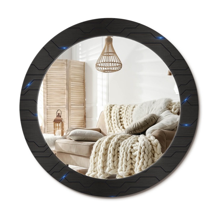 Kerek Tükör Nyomtatással, Decormat, Futurisztikus Absztrakció, Fekete, Ø70 cm, Nappaliba És Szobába,, 010090550100300053938