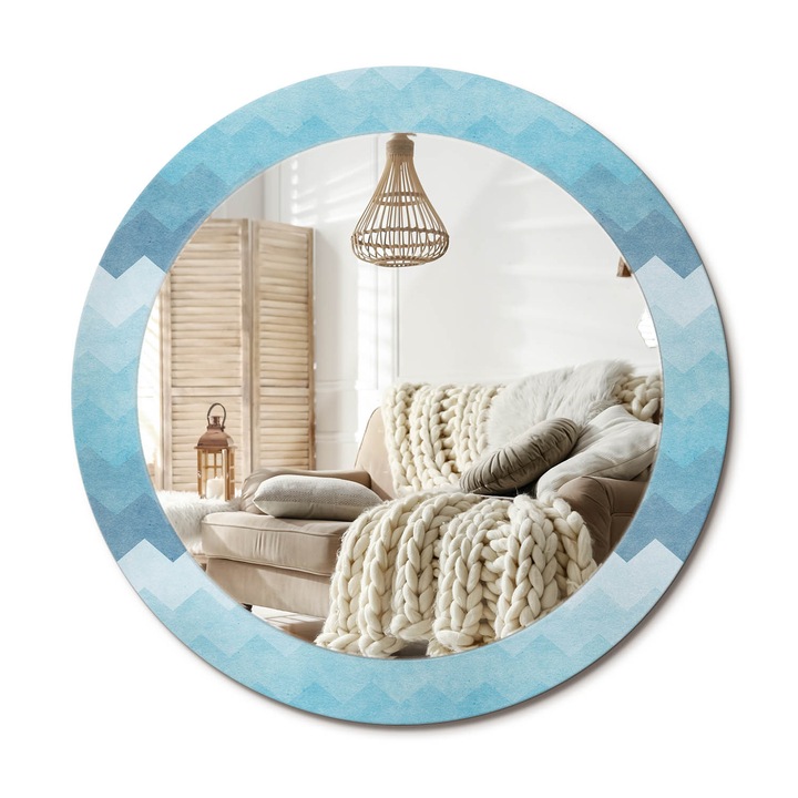Kör Alakú Tükör Mintával, Decormat, Kék Chevron, Kék, Ø70 cm, Stílusos Fali Dekoráció,, 010090550100300030039