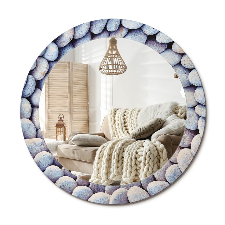 Kör Alakú Fali Tükör Nyomtatással, Decormat, Tengeri Kövek Köre, Kék, Ø70 cm, Lakásdíszítő Fali Tükör,, 010090550100300000283