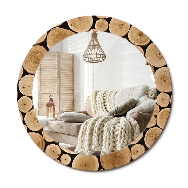 Kerek Tükör Grafikával, Decormat, Fa Rönkök, Barna, Ø70 cm, Sminkeléshez És Borotválkozáshoz,, 010090550100300053736