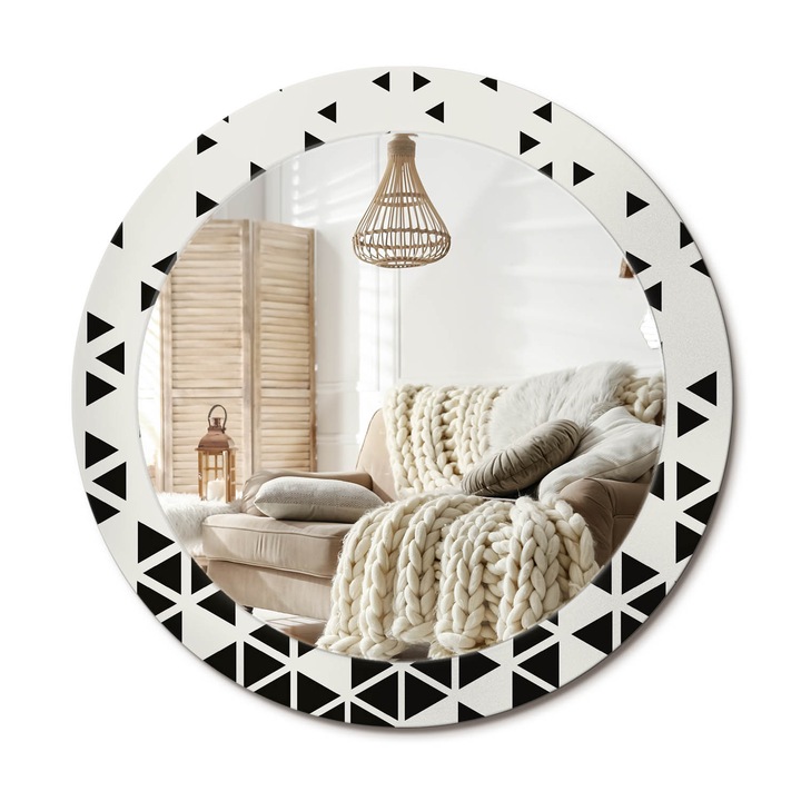 Kerek Fali Tükör Grafikával, Decormat, Geometriai Absztrakció, Fekete és fehér, Ø70 cm, Különleges Kiegészítő Szobába,, 010090550100300053991