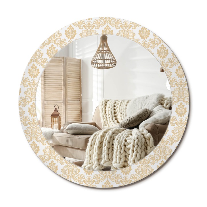 Kerek Tükör Kerettel És Nyomtatott Mintával, Decormat, Barokk Minta, Bézs, Ø70 cm, Beltéri Dekorációs Elem,, 010090550100300053978