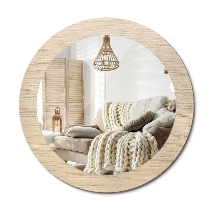 Kör Alakú Tükör Mintával, Decormat, Világos Fa, Bézs, Ø70 cm, Stílusos Fali Dekoráció,, 010090550100300053717