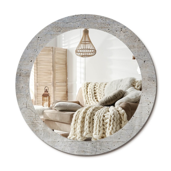 Kerek Fali Tükör Nyomtatott Mintával, Decormat, Szürke Beton, Szürke, Ø70 cm, Nappali Szoba Díszítésére,, 010090550100300053880