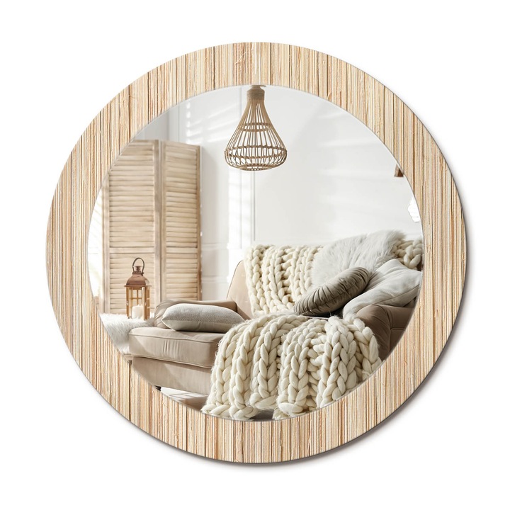 Kör Alakú Fali Tükör Nyomtatással, Decormat, Bambusz Szalma, Bézs, Ø70 cm, Lakásdíszítő Fali Tükör,, 010090550100300029815