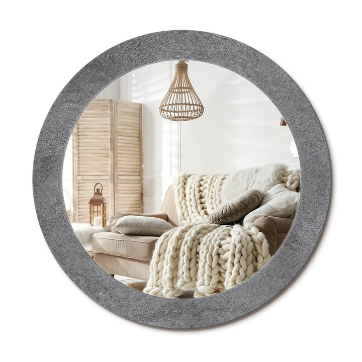 Kerek Fali Tükör Grafikával, Decormat, Beton Textúra, Szürke, Ø70 cm, Különleges Kiegészítő Szobába,, 010090550100300053874