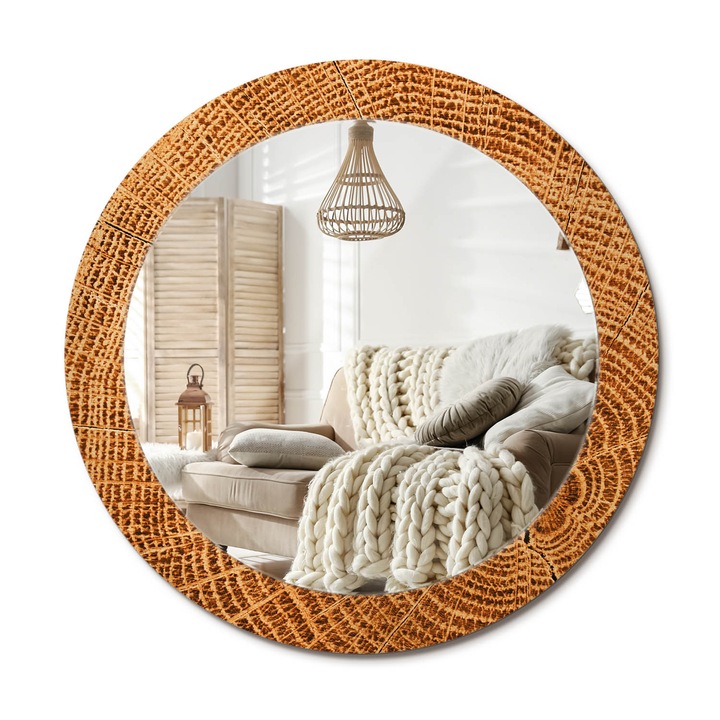 Kerek Tükör Kerettel És Nyomtatott Mintával, Decormat, Tölgyfa, Narancssárga, Ø70 cm, Beltéri Dekorációs Elem,, 010090550100300053745