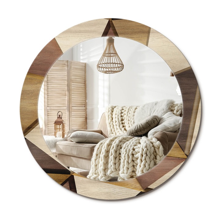 Kerek Tükör Grafikával, Decormat, Geometrikus 3d Fa, Barna, Ø70 cm, Sminkeléshez És Borotválkozáshoz,, 010090550100300053758