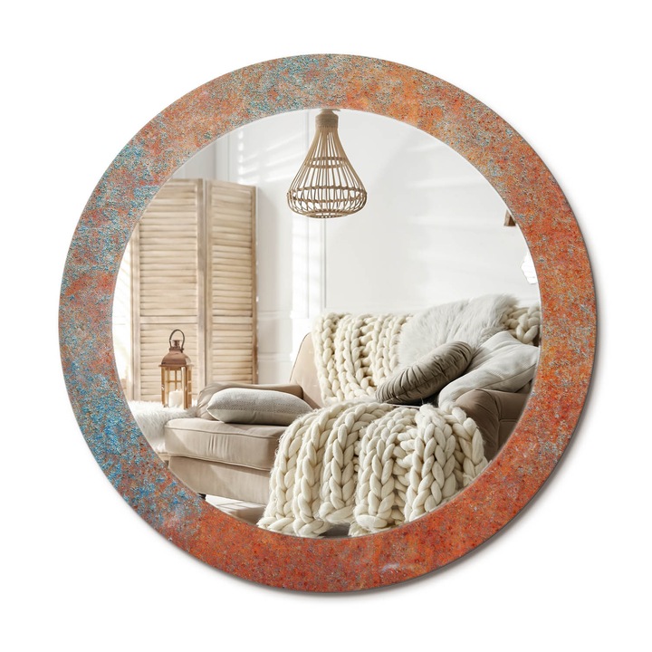 Kerek Tükör Grafikával, Decormat, Rozsdás Fém, Narancssárga, Ø70 cm, Sminkeléshez És Borotválkozáshoz,, 010090550100300053925