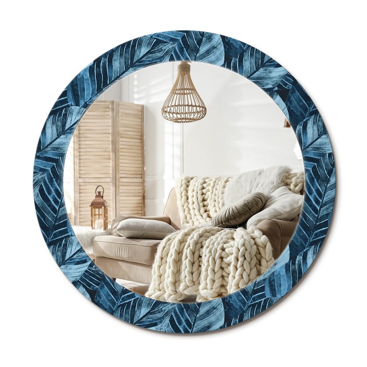 Kerek Tükör Nyomtatással, Decormat, Dzsungel Levelek, Kék, Ø70 cm, Nappaliba És Szobába,, 010090550100300072549