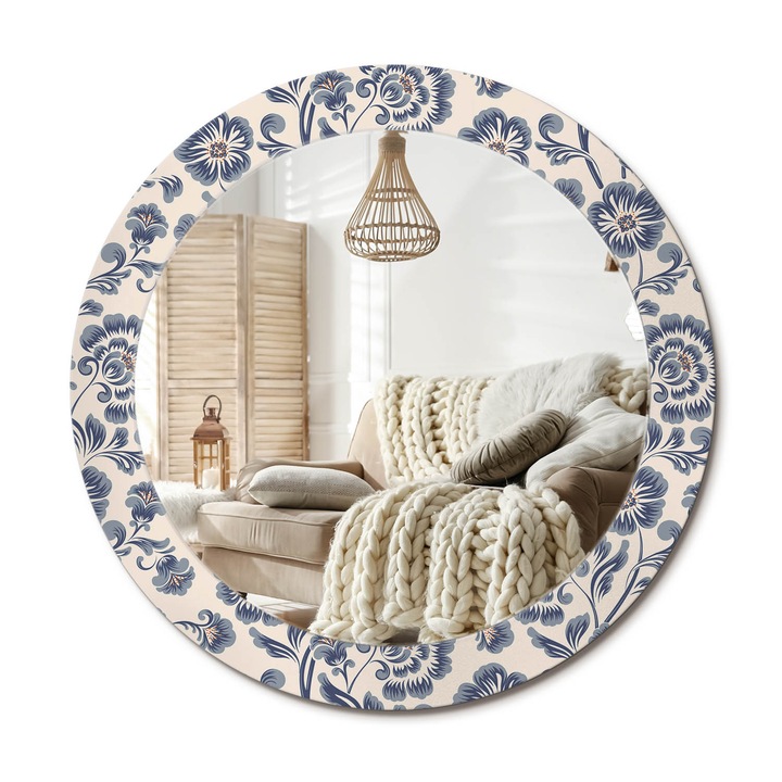 Kerek Tükör Kerettel És Nyomtatott Mintával, Decormat, Virágminta, Krémszín, Ø70 cm, Beltéri Dekorációs Elem,, 010090550100300020983