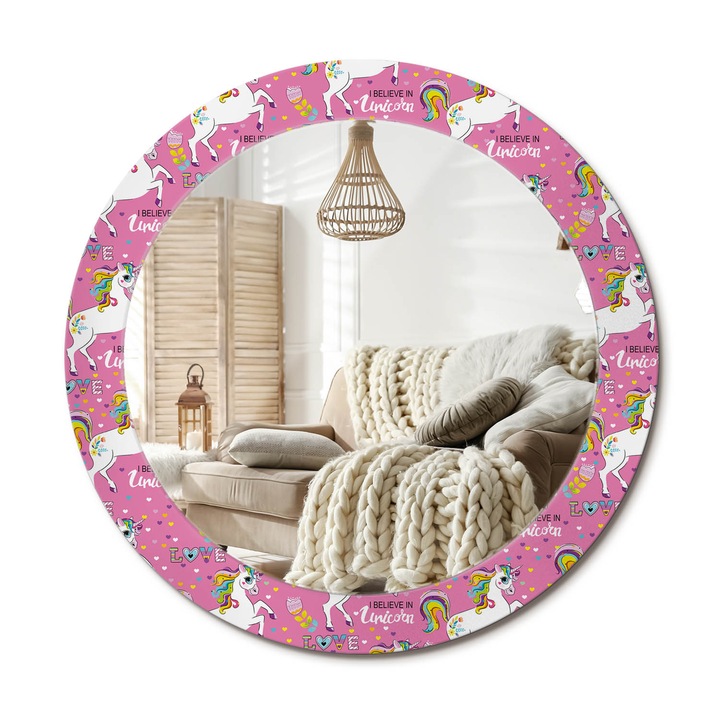 Kerek Fali Tükör Nyomtatott Mintával, Decormat, Varázslatos Unikornis, Rózsaszín, Ø70 cm, Nappali Szoba Díszítésére,, 010090550100300054068