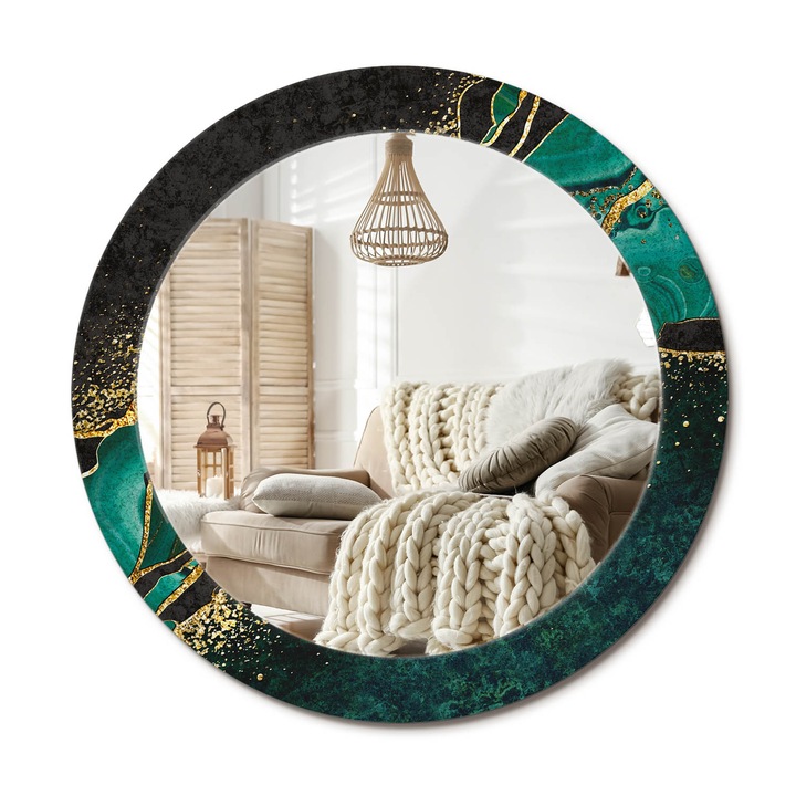 Kör Alakú Tükör Mintával, Decormat, Márványzöld, Zöld, Ø70 cm, Stílusos Fali Dekoráció,, 010090550100300053845