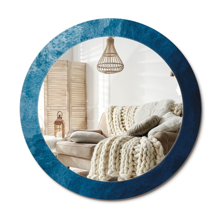 Kerek Fali Tükör Nyomtatott Mintával, Decormat, Absztrakt Művészet, Kék, Ø70 cm, Nappali Szoba Díszítésére, 010090550100300053947