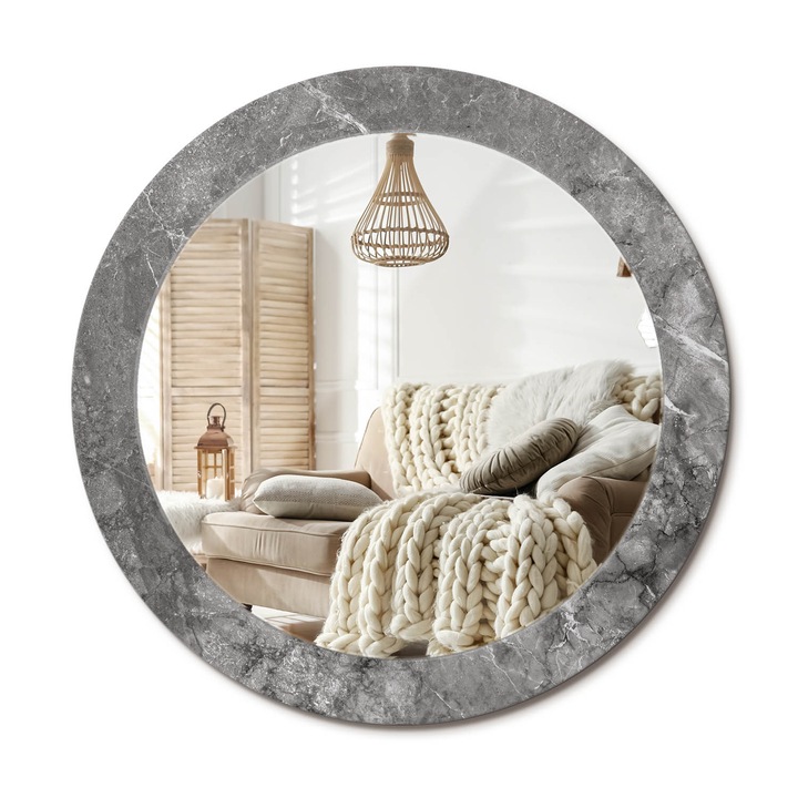 Kör Alakú Fali Tükör Nyomtatással, Decormat, Rusztikus Márvány, Szürke, Ø70 cm, Lakásdíszítő Fali Tükör, 010090550100300053854