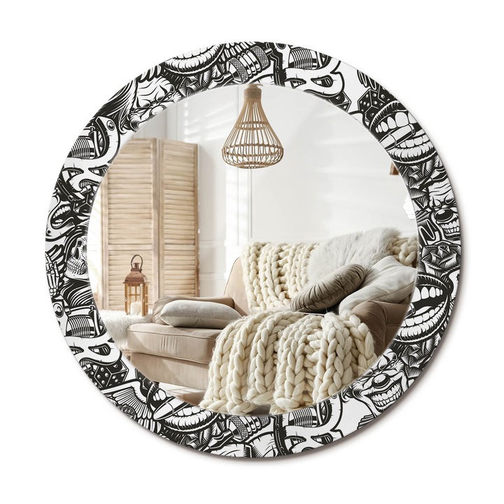 Kerek Tükör Nyomtatással, Decormat, Graffiti Bohócok, Fekete és fehér, Ø70 cm, Nappaliba És Szobába, 010090550100300054118