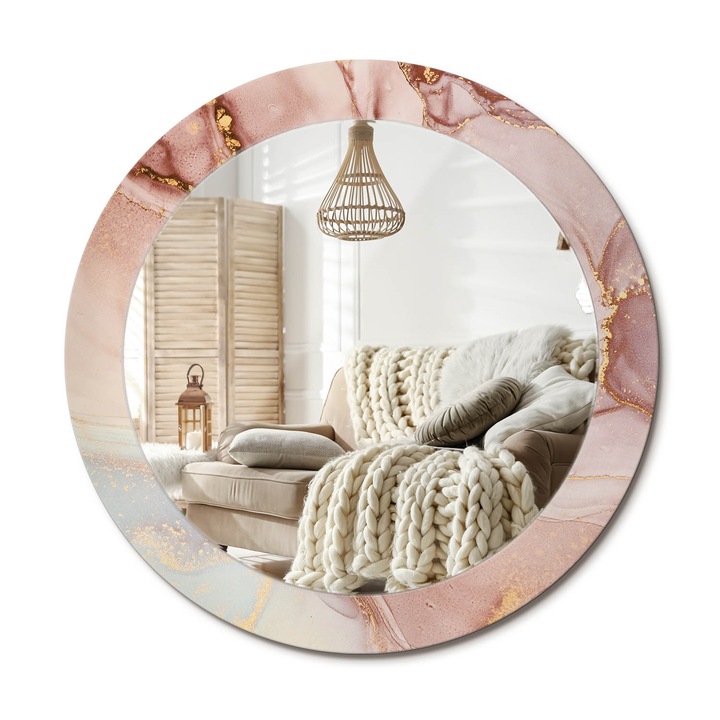 Kör Alakú Tükör Mintával, Decormat, Absztrakt Folyadék, Rózsaszín, Ø70 cm, Stílusos Fali Dekoráció, 010090550100300072550