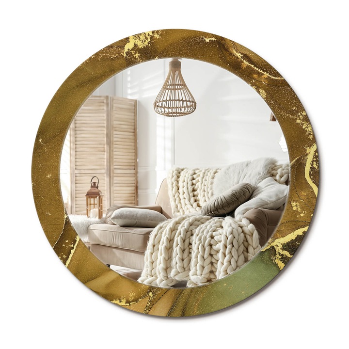 Kerek Fali Tükör Nyomtatott Mintával, Decormat, Fémes Örvények, Aranyszín, Ø70 cm, Nappali Szoba Díszítésére, 010090550100300053828