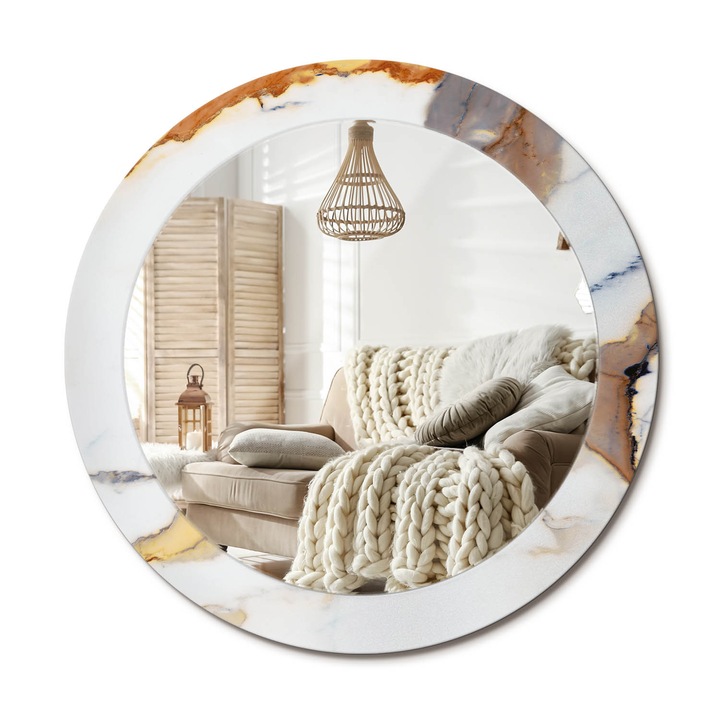 Kerek Tükör Kerettel És Nyomtatott Mintával, Decormat, Fehér Márvány, Fehér, Ø70 cm, Beltéri Dekorációs Elem, 010090550100300053851