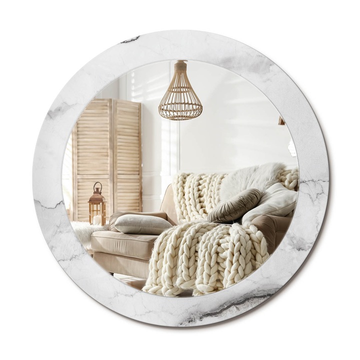 Kerek Fali Tükör Nyomtatott Mintával, Decormat, Fehér Márvány, Fehér, Ø70 cm, Nappali Szoba Díszítésére, 010090550100300053841