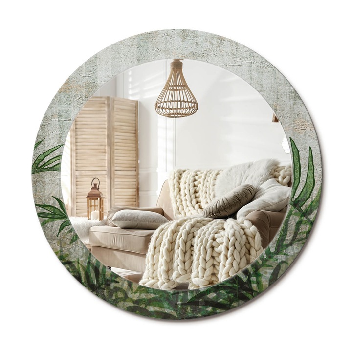 Kerek Tükör Nyomtatással, Decormat, Páfránylevelek, Zöld, Ø70 cm, Nappaliba És Szobába, 010090550100300052985
