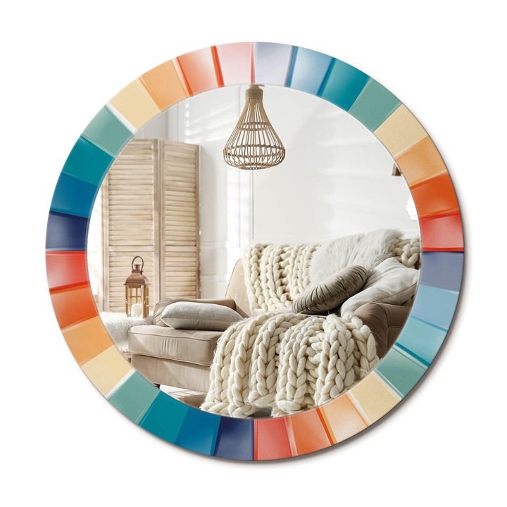 Kerek Tükör Grafikával, Decormat, Színes Sugarak Csempe, Többszínű, Ø70 cm, Sminkeléshez És Borotválkozáshoz, 010090550100300072658