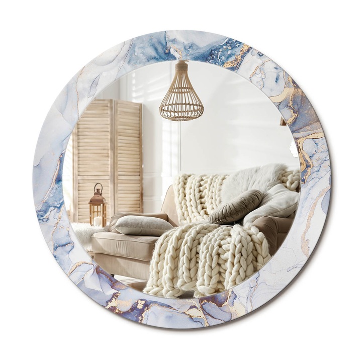 Kerek Tükör Kerettel És Nyomtatott Mintával, Decormat, Absztrakt Művészet, Kék, Ø70 cm, Beltéri Dekorációs Elem, 010090550100300053838