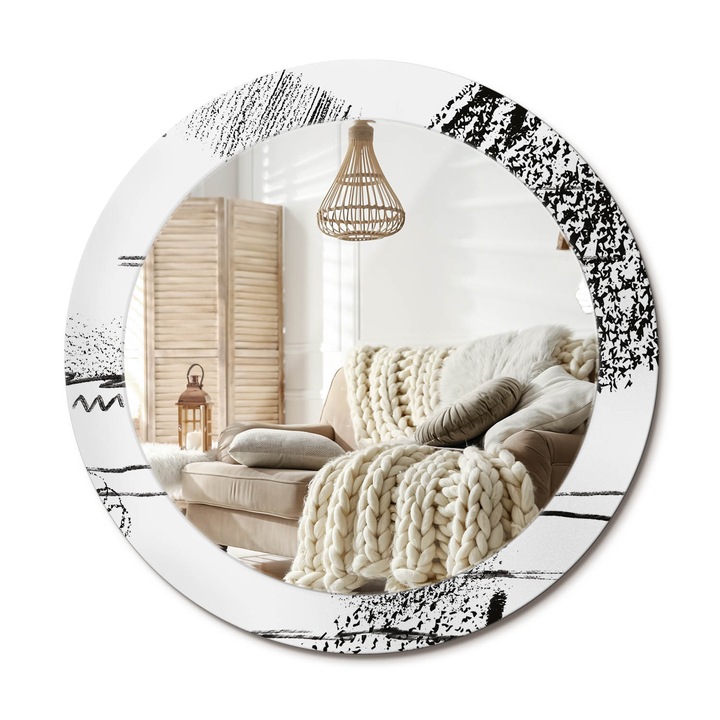Kör Tükör Nyomtatott Mintával, Decormat, Graffiti Minta, Fekete és fehér, Ø70 cm, Fésülködőasztalhoz És Gardróbba, 010090550100300054092