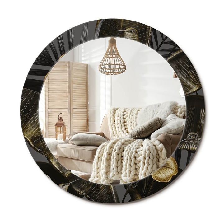 Kerek Tükör Kerettel És Nyomtatott Mintával, Decormat, Hibiszkusz Virágok, Fekete, Ø70 cm, Beltéri Dekorációs Elem, 010090550100300053999