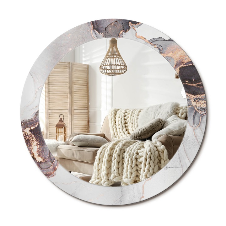Kerek Fali Tükör Nyomtatott Mintával, Decormat, Absztrakt Márvány, Fehér, Ø70 cm, Nappali Szoba Díszítésére, 010090550100300053837