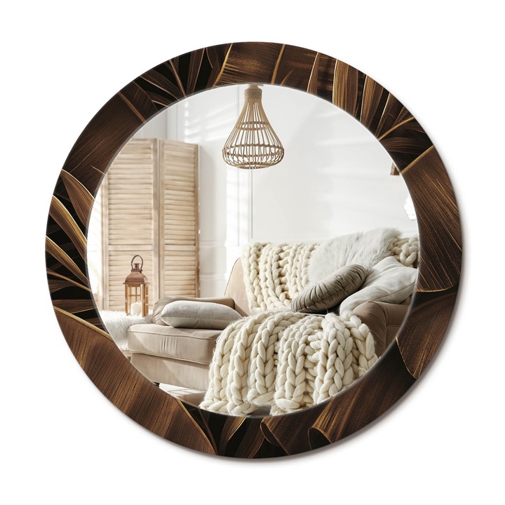 Kerek Fali Tükör Grafikával, Decormat, Barna Banánlevelek, Barna, Ø70 cm, Különleges Kiegészítő Szobába, 010090550100300054020