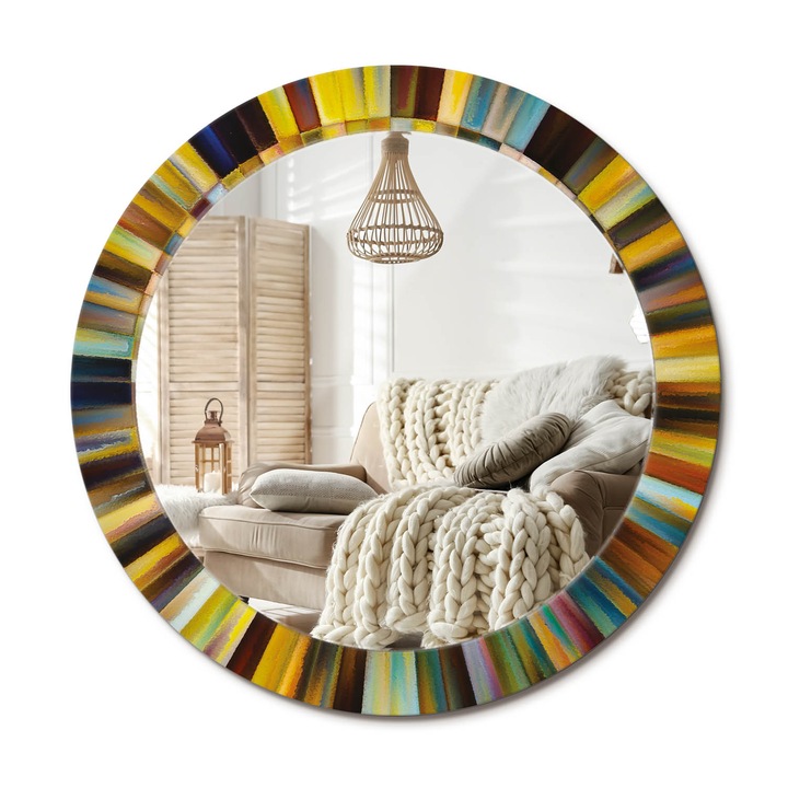 Kör Alakú Fali Tükör Nyomtatással, Decormat, Színes Sugarak, Többszínű, Ø70 cm, Lakásdíszítő Fali Tükör, 010090550100300072659
