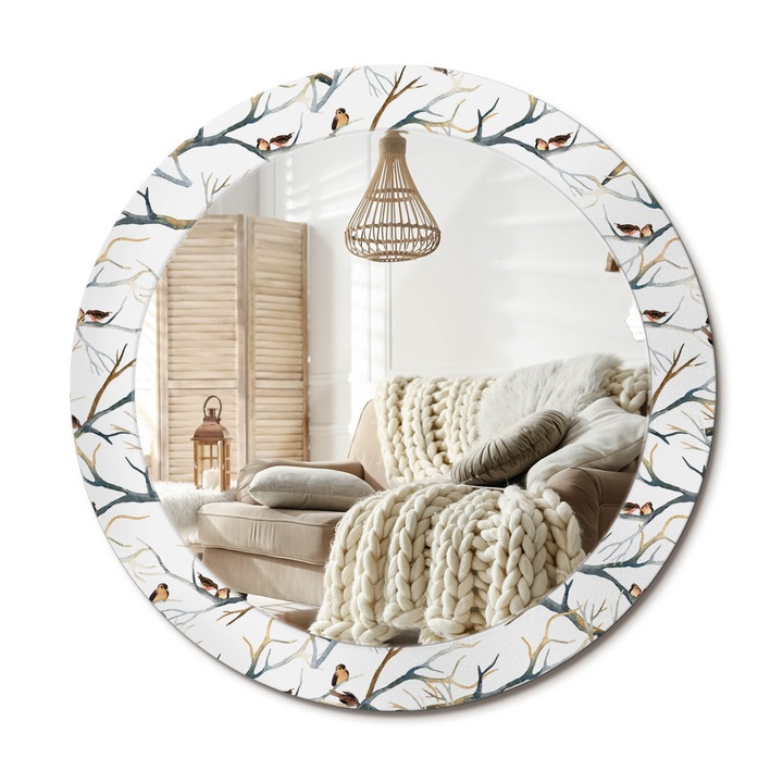 Kör Alakú Tükör Mintával, Decormat, Veréb Madarak Ágak, Fehér, Ø70 cm, Stílusos Fali Dekoráció, 010090550100300029445