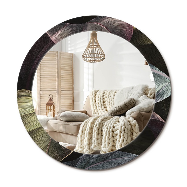 Kerek Tükör Grafikával, Decormat, Sötét Trópusi Levelek, Fekete, Ø70 cm, Sminkeléshez És Borotválkozáshoz, 010090550100300054019