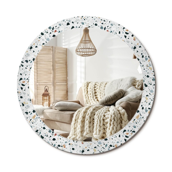 Kerek Tükör Grafikával, Decormat, Természetes Kő, Fehér, Ø80 cm, Sminkeléshez És Borotválkozáshoz, 010090550110300020960