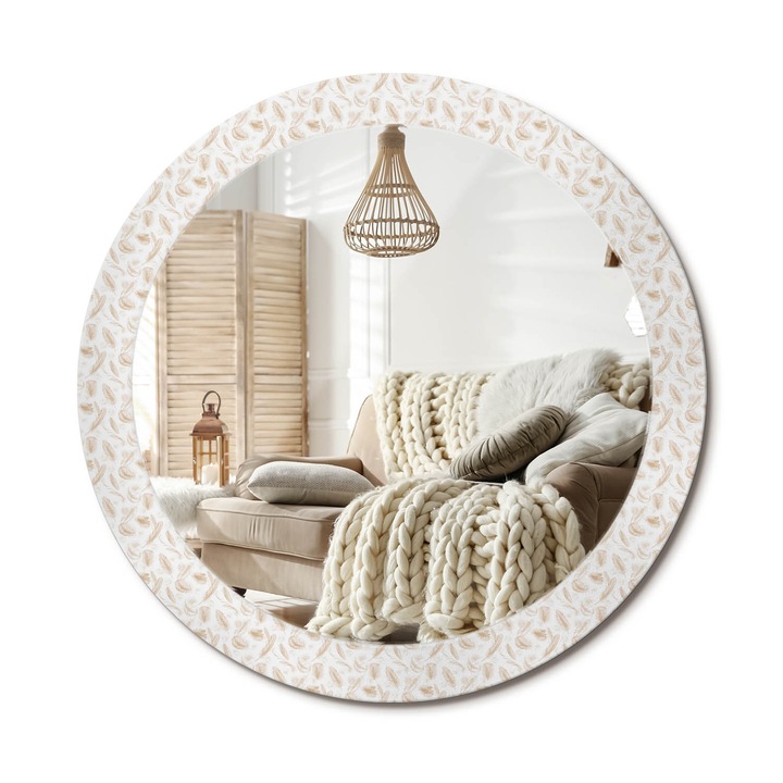 Kerek Fali Tükör Grafikával, Decormat, Madártollak, Krémszín, Ø80 cm, Különleges Kiegészítő Szobába, 010090550110300011102