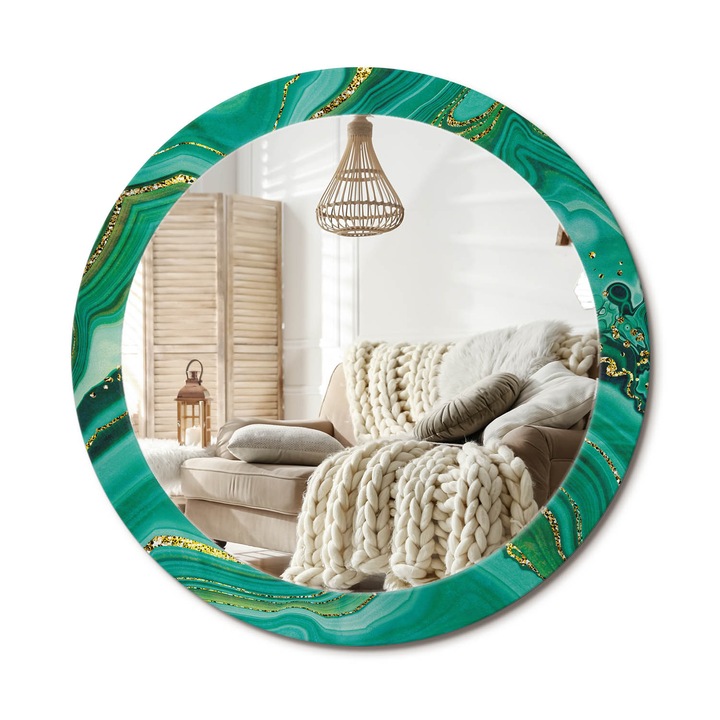 Kerek Tükör Grafikával, Decormat, Achát Márvány, Aranyszín, Ø80 cm, Sminkeléshez És Borotválkozáshoz, 010090550110300020894