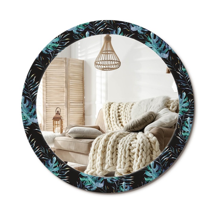 Kör Alakú Tükör Mintával, Decormat, Egzotikus Levelek, Fekete, Ø80 cm, Stílusos Fali Dekoráció, 010090550110300010874