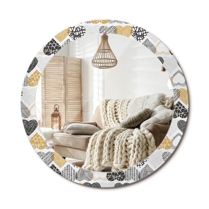 Kerek Tükör Kerettel És Nyomtatott Mintával, Decormat, Szívek Firka Stílusban, Fehér, Ø80 cm, Beltéri Dekorációs Elem, 010090550110300020913