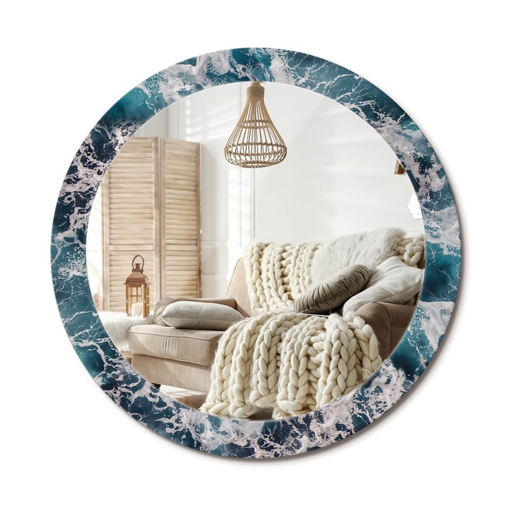 Kerek Fali Tükör Grafikával, Decormat, Viharos Tenger, Kék, Ø80 cm, Különleges Kiegészítő Szobába, 010090550110300072564
