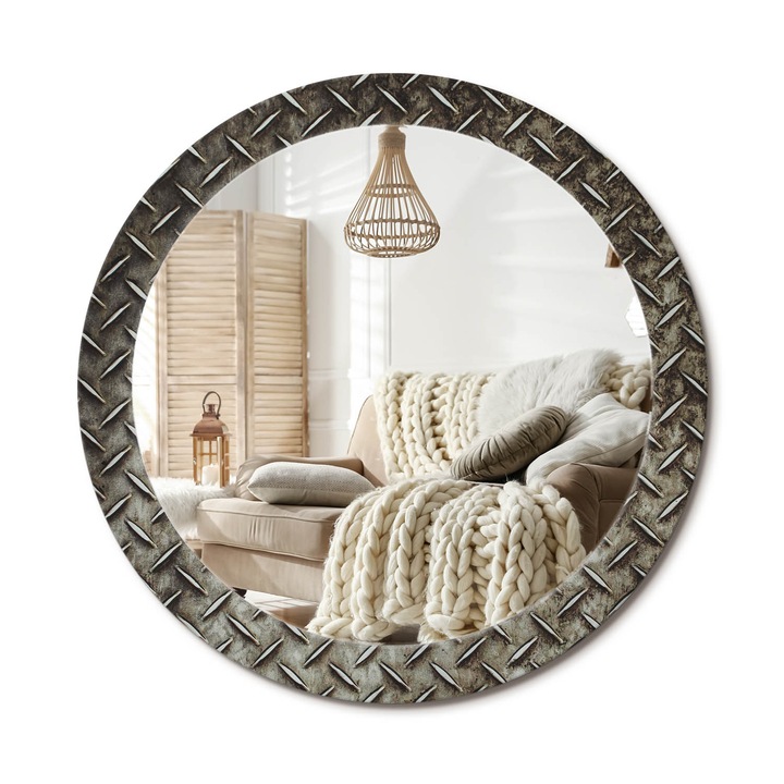 Kerek Tükör Nyomtatással, Decormat, Acél Textúra, Ezüstszín, Ø80 cm, Nappaliba És Szobába, 010090550110300072569