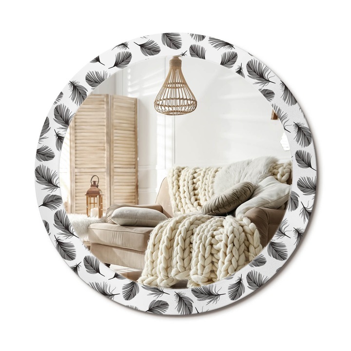 Kerek Tükör Grafikával, Decormat, Tollak, Fekete és fehér, Ø80 cm, Sminkeléshez És Borotválkozáshoz, 010090550110300012787