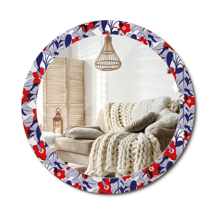 Kör Alakú Tükör Mintával, Decormat, Filodendronok, Tengerészkék, Ø80 cm, Stílusos Fali Dekoráció, 010090550110300072589