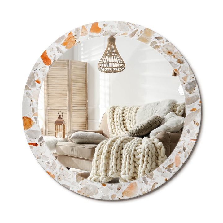 Kör Tükör Nyomtatott Mintával, Decormat, Terrazzo Stílus, Fehér, Ø80 cm, Fésülködőasztalhoz És Gardróbba, 010090550110300072588