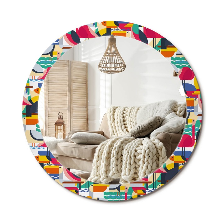 Kör Alakú Fali Tükör Nyomtatással, Decormat, Geometrikus Trópusi Madarak, Többszínű, Ø80 cm, Lakásdíszítő Fali Tükör, 010090550110300072566