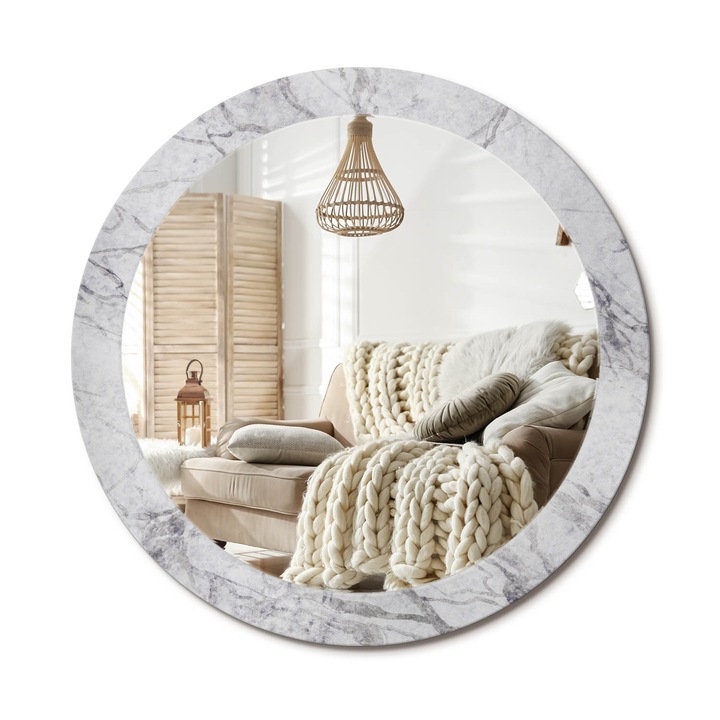 Kerek Fali Tükör Nyomtatott Mintával, Decormat, Fehér Márvány, Szürke, Ø80 cm, Nappali Szoba Díszítésére, 010090550110300020881
