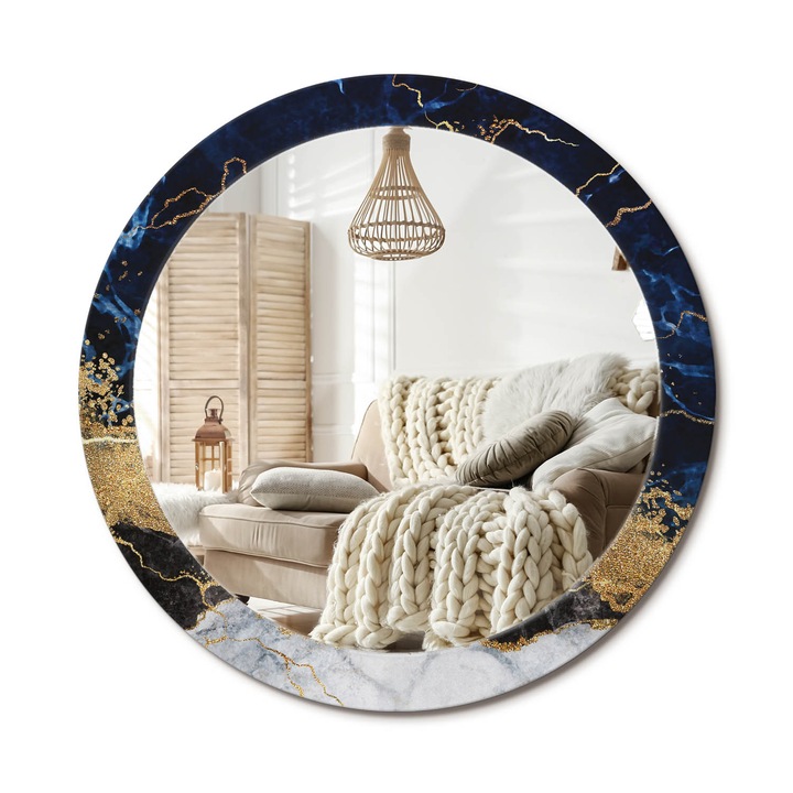 Kör Tükör Grafikai Mintával, Decormat, Kék Márvány, Aranyszín, Ø80 cm, Előszobába És Folyosóra, 010090550110300020923