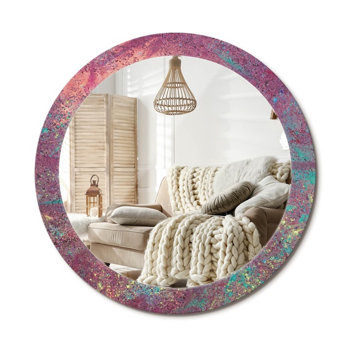 Kerek Fali Tükör Grafikával, Decormat, Színek Fesztiválja, Lila, Ø80 cm, Különleges Kiegészítő Szobába, 010090550110300072582