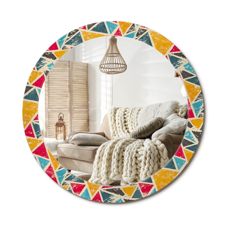Kerek Tükör Kerettel És Nyomtatott Mintával, Decormat, Retro Kompozíció, Többszínű, Ø80 cm, Beltéri Dekorációs Elem, 010090550110300072556